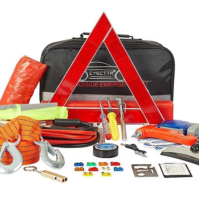 CYECTTR Car Emergency Kit with Jumper Cables,Safety Hammer,Tire Pressure Gauge - Auto Vehicle Safety Road Side Assistance Kits - Winter Car Kit for Women and Men
