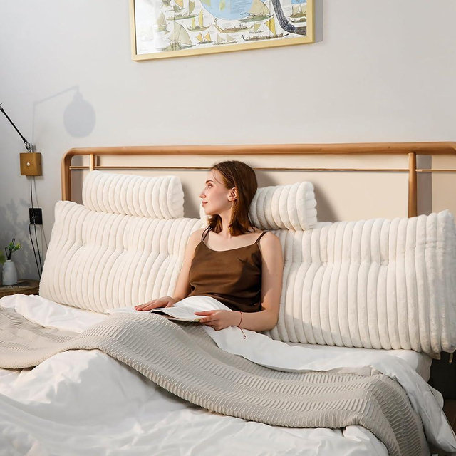 Faux Fur Headboard Pillow with 2 Roll Pillow, Large Triangular Headboard Bolster Rest Reading Pillow with Removable Cover (White Beige 1, King:76x8x20 Inches)