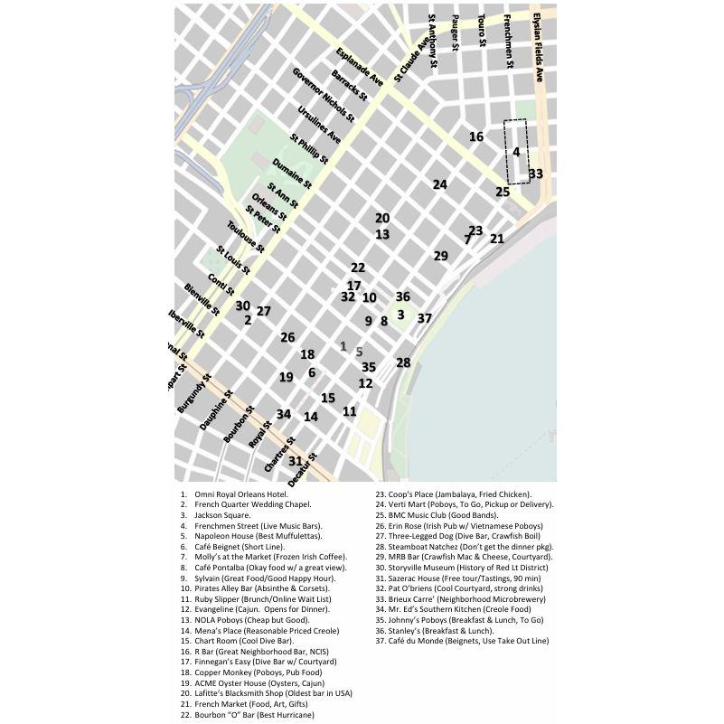 Map of fun locations in the French Quarter