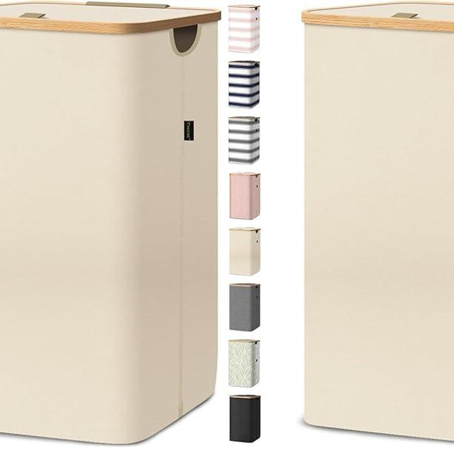 BALEINE Laundry Hamper with Lid, Tall Laundry Baskets with Bamboo Pull Handles, Large Laundry Bin with Internal Support (26 Gal/100L, Beige) (Pack of 2)