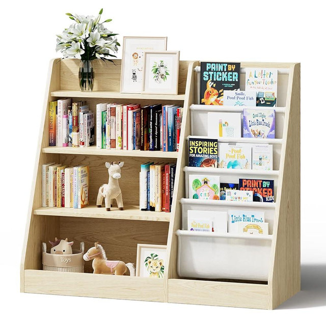 HedoAjim 4 Tier Kids Wooden Bookshelf,Five Layer Sling Children Bookcase,Baby Storage Book Rack,Book and Toy Organizer Cabinet Chest,Book Display Shelf,Playroom Nursery Classroom Library