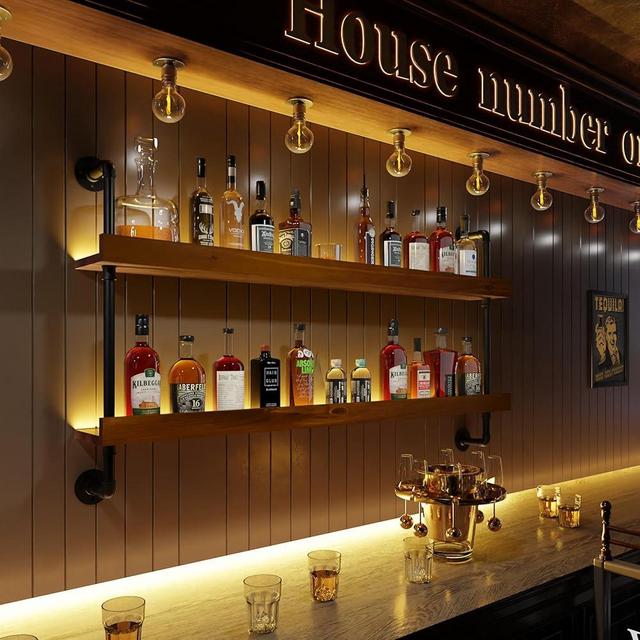 Anynice Wall Mounted Wine Rack with LED Light, LED Industrial Pipe Wine Shelf, 2-Tier Hanging Bottle Rack, Bar Storage Shelf for Bottles (Walnut Brown, 48")