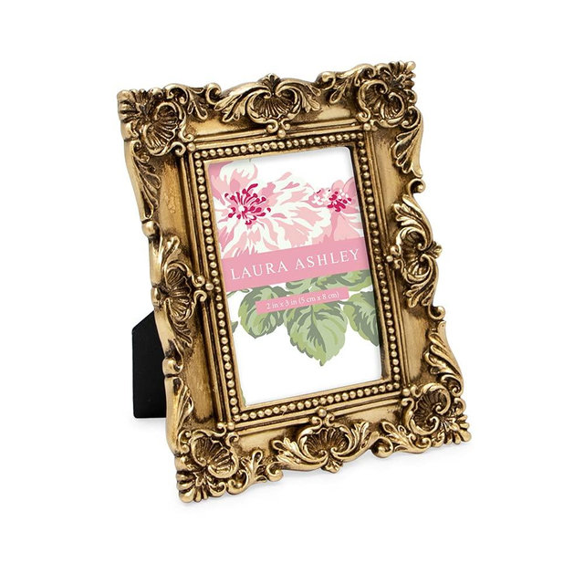 Laura Ashley 2x3 Gold Ornate Textured Hand-Crafted Resin Picture Frame with Easel, for Tabletop & Wall Display, Decorative Floral Design Home Décor, Photo Gallery, Art & More (2x3, Gold)