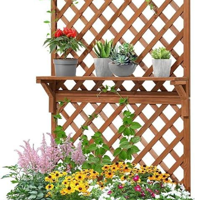 Quictent Raised Garden Bed Wood Planter Box with Lattice Trellis for Vine Climbing Plants Flower Free-Standing, for Patio Garden Indoor Outdoor 29x12x70 in