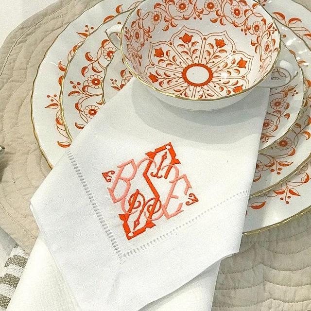 Cotton and Linen Blend Hemstitch Dinner Napkins with Monogram - Sold in Sets of 4