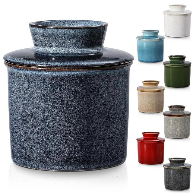 Blue French Butter Dish，Handmade Reactive Glaze Ceramic Butter Crock with Water Line for Speradable Fresh Butter
