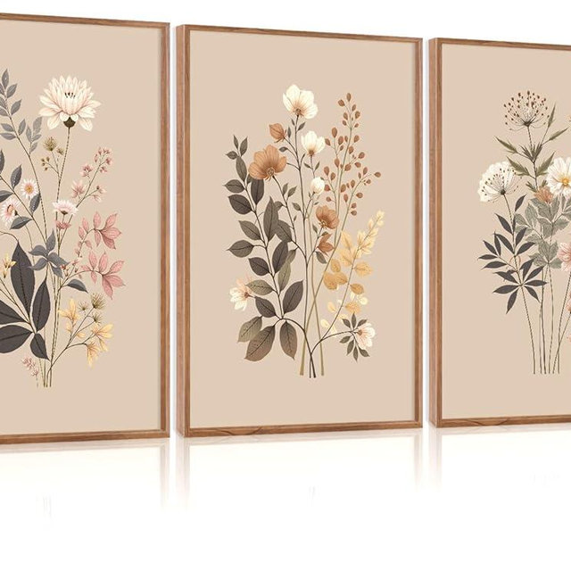 CHDITB Botanical Flower Framed Canvas Wall Art Set, Nature Wildflower Wall Decor, Boho Floral Art Antique Wall Painting, Vintage Dining Room Art Prints for Living Room, Bedroom, Office 24"x36"x3