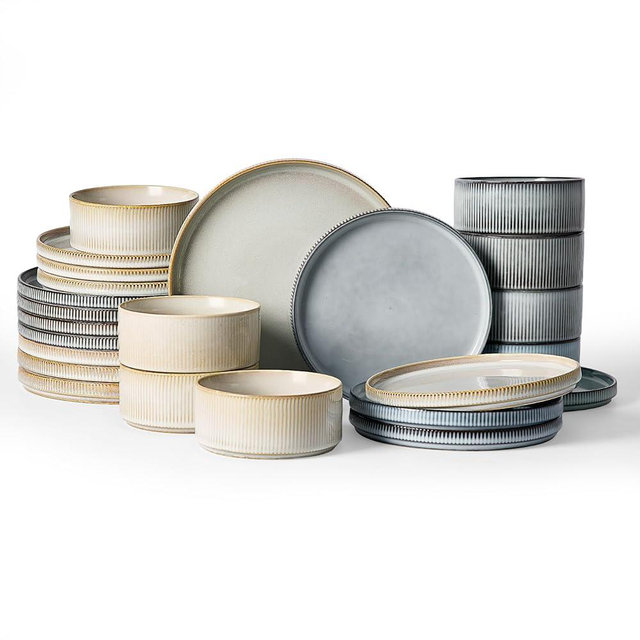 Famiware Star Dinnerware Set, Plates and Bowls Sets for 8 (24pcs), Ribbed Stoneware Dishes - Chip & Scratch Resistant, Microwave & Dishwasher Safe, Multicolor - Cappuccino White & Smoky Blue