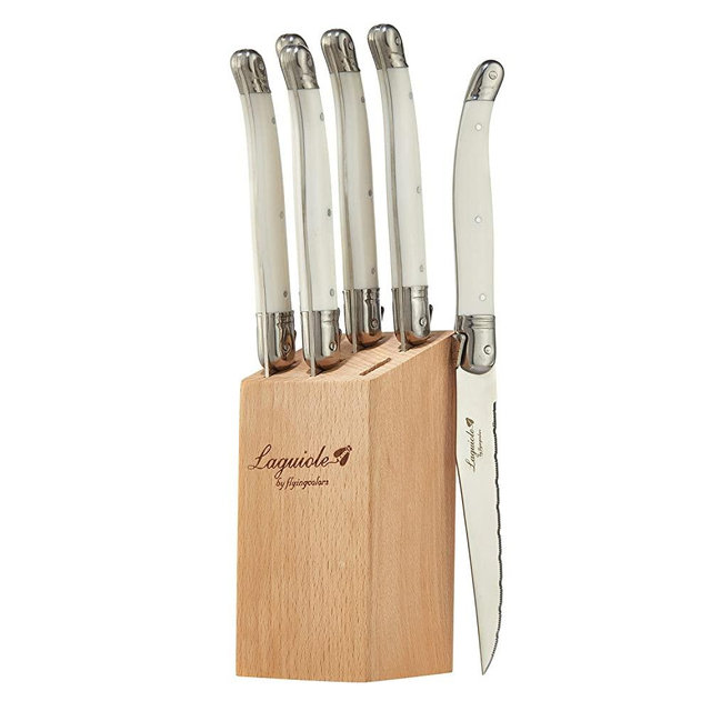 Laguiole By FlyingColors Steak Knife Set, Micro Serrated Blade, Stainless Steel, Wood Block, White Color Handle, 6 Pieces