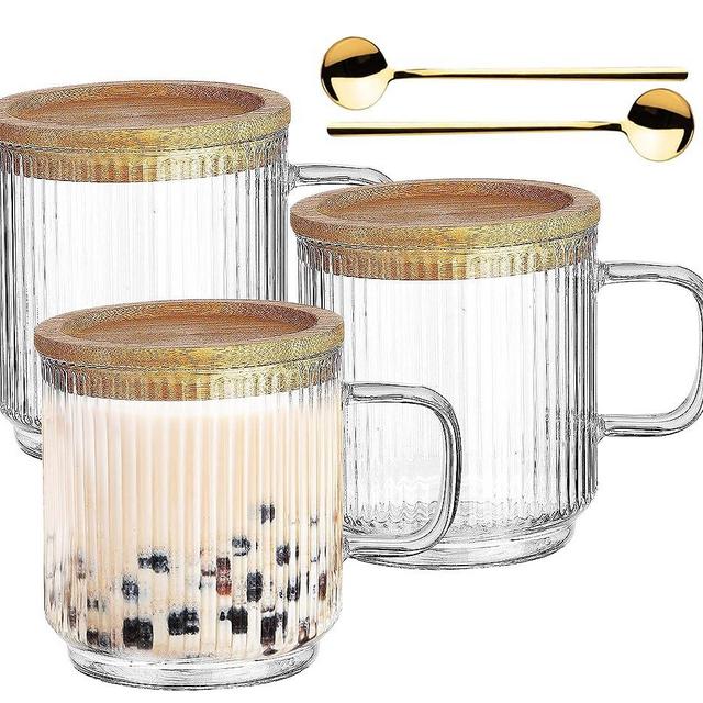 Rantonly 3Pack Vintage Glass Coffee Mugs, 10oz Ribbed Glassware Sets with Lids and Spoon, Espresso Tea Coffee Glasses Cups Set for Home Travel Christmas Gifts