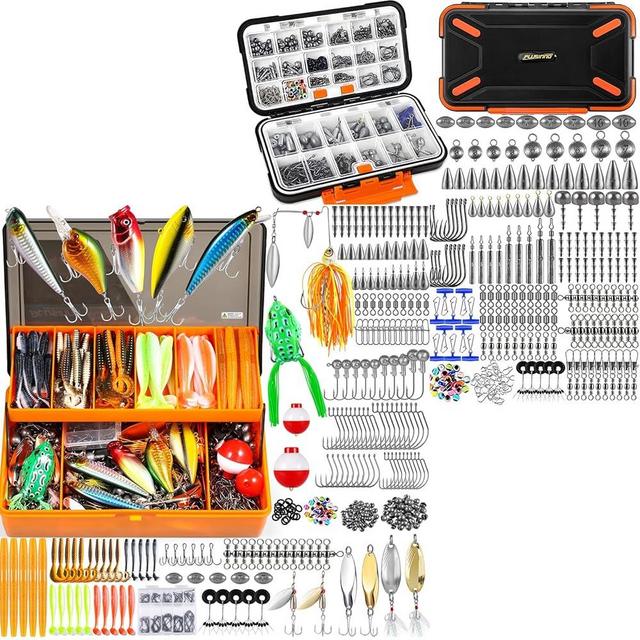 PLUSINNO 397pcs Fishing Accessories Kit and 404 PCS Fishing Lures, Upgrade XL Fishing Tackle Box with Tackle Included
