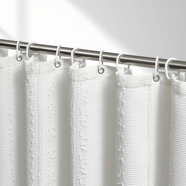 Lameirose White Shower Curtain Boho, 72 x 72 Cotton Blend Waffle Weave Stripe Textured Heavy Duty, Fabric Shower Curtain for Bathroom, Hotel, Washable