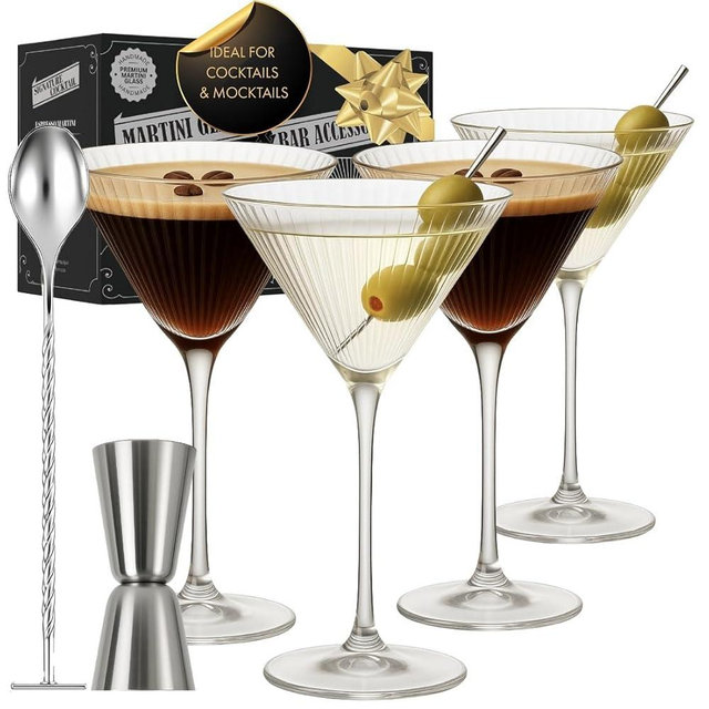 VEMACITY - Ribbed Martini Glasses Set of 4 | Silver Bar Tools - 8oz Coupe Cocktail Glasses | Espresso Martini, Margarita, Manhattan, Cosmopolitan - Art Deco Cocktail Gift Set | Ideal for Christmas