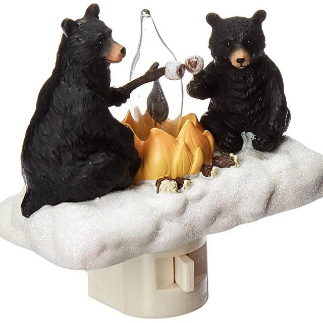 Roman Lights Exclusive Plug in Night Light, Features 2 Bears Roasting Marsh Mellows Around a Flickering Flame Camp Fire, 4.5-Inch