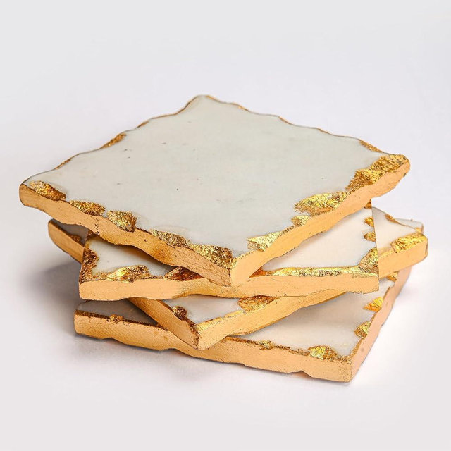 Marble Coasters Set of 4 with Gold Trim - 4 Inch Square Elegant Gold Coasters - Premium Marble Coaster for Stylish Home Decor and Table Protection