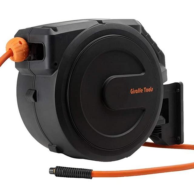 Giraffe Retractable Air Hose Reel Enclosed with 3/8 in. x 50 ft Hybrid Hose, Lightweight Compressor Hose Reel Wall Mounted with 180° Swivel Bracket, 300 PSI