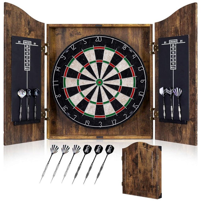 Yirinatek Sisal Dart Board Cabinet Sets, Decorative Dart Boards for Adults [6*Steel Darts] - Wooden Dartboard Cabinet with Integrated Scoreboard for Family Game Rooms