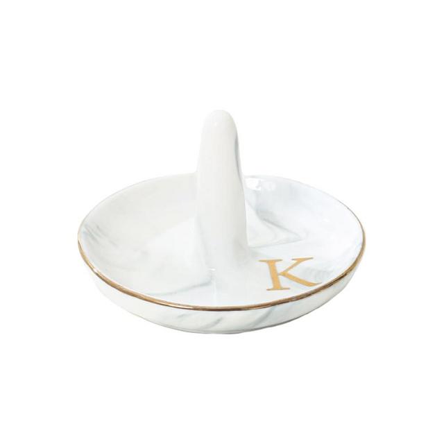 oskas Engagement Gift Marble Ring Dish Holder with Personalized Initials Monogrammed,Decorative Trinket Jewelry Tray,4 Inch,Ceramic（K）