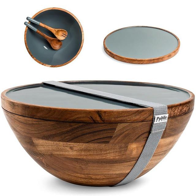 Large Wooden Salad Bowl Set 12.5 Inch with Serving Utensils, Tray Lid and Carry Strap. Acacia Wood Large Salad Bowls Ideal for Fruits and Dishes, Wooden Bowls for Food, Serving and Fruit Bowl