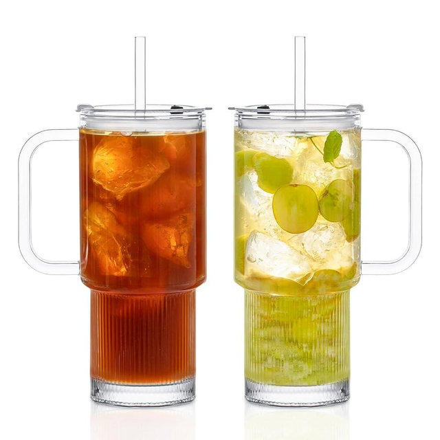 KEMORELA 2-Pack 26oz Ribbed Glass Tumblers with Handle and Lid – Large Aesthetic Iced Coffee Cups with Straws, Modern Textured Glass Mugs for Smoothies, Tea, Juice & Cold Beverages, Dishwasher Safe