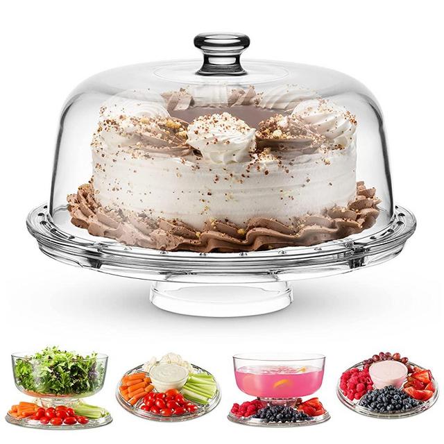Godinger Cake Stand and Serving Plate Platter with Dome Lid, 6 in 1 Multi-Purpose Use, Italian Made Crystal Glass Footed Cake Stand, Salad Bowl, Cake Plate, Fruit Platter