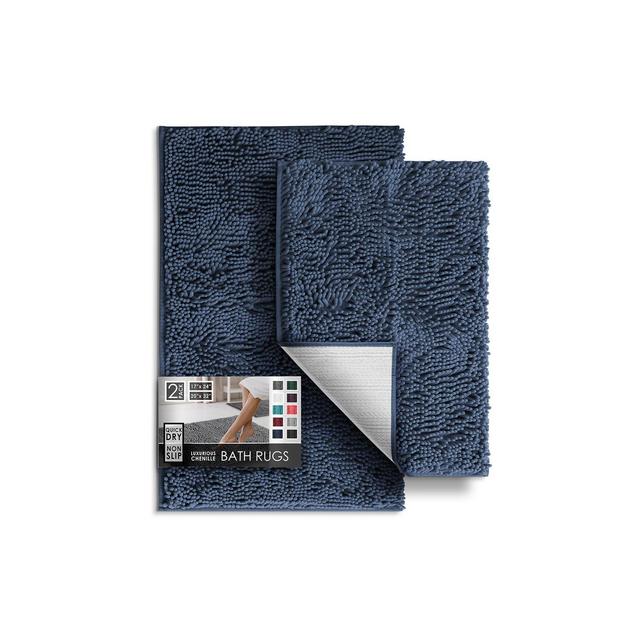 Hearth & Harbor Bathroom Rugs, 2 Piece Chenille Bath Mat Set - Navy Bath Rug, 17x24-20x32