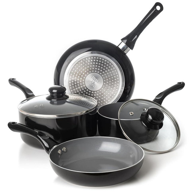 Moss & Stone 6 Pcs Black Nonstick Cookware Set, Pots And Pans Set Non stick With Glass Lid, Induction Cookware, Stay-Cool Handle PTFE/PFOA Kitchen Pots 6-Piece with Frying Pans & Saucepan
