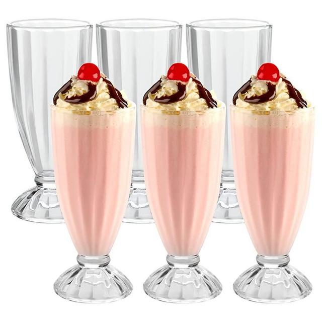 Milkshake Glass 6 Pack – Clear 12oz Glasses – Ice Cream Sundae, Soda, Floats and More – Retro American Diner Style ( 6 Stainless Spoon Included )