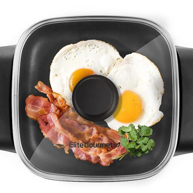 Elite Gourmet EG808 8” x 8" Non-stick Electric Skillet, Dishwasher Safe with Tempered Glass Vented Lid, Rapid Heat Up, 600W, Black