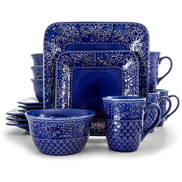 Elama Contemporary Square Embossed Stoneware Dinnerware Dish Set, 16 Piece, Indigo Blue