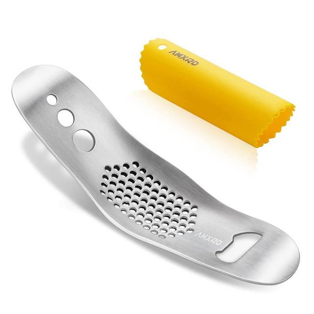 AMXRD Garlic Press Rocker & Silicone Peeler (Random Color), Stainless Steel Garlic Mincer, Herb Stripper & Leaf Zipper, Dishwasher Safe
