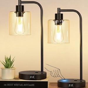 Black-Set of 2 Industrial Touch Control Table Lamps with 2 USB Ports and AC Outlet - 3-Way Dimmable Black Bedside Lamp Nightstand Desk Lamps for Bedroom Living Room, Amber Glass Shade & 2 LED Bulbs Included