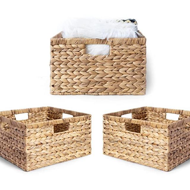 BARIEN 14.5” x 13.5” x 8” (Set of 3) Natural Water Hyacinth Storage Baskets , Rectangular Wicker Basket with Built-in Handles, Large (Natural - Set of 3)