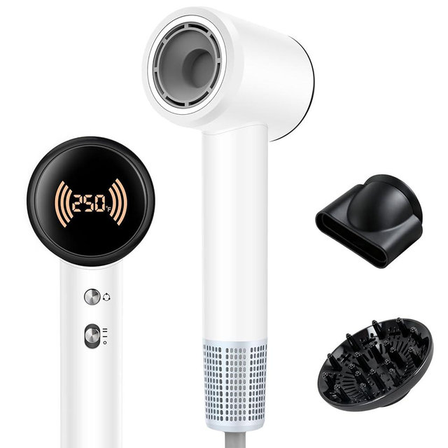 Hair Dryer,Travel Hair Dryer with Diffuser,110000 RPM High Speed Ionic Blow Dryer,Temperature Display,Low Noise&Lightweight Blow Dryer,Fast-Drying,No Heat Damage,Suitable for All Hairstyles(White)