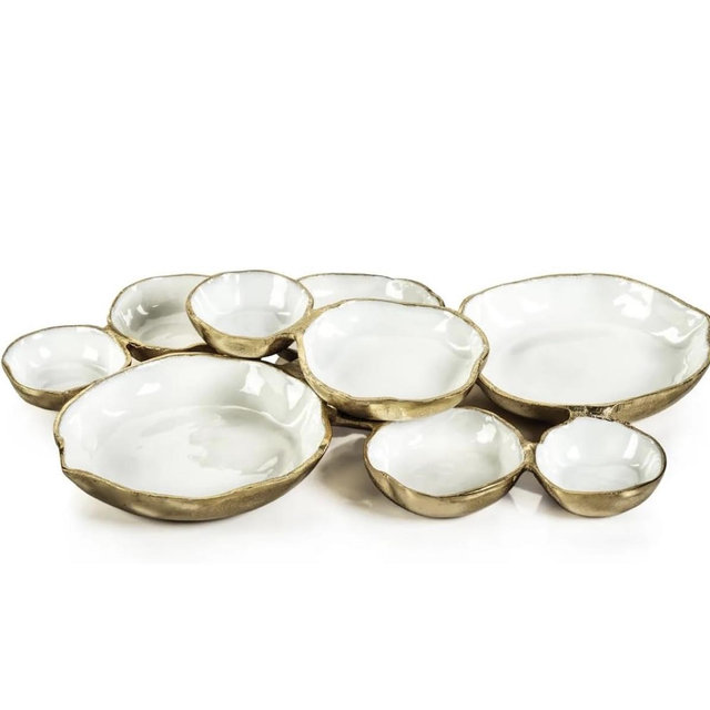 Zodax Cluster of Nine Round Serving Bowls | Gold and White Enamel | 19 in x 12 in x 2.5 in