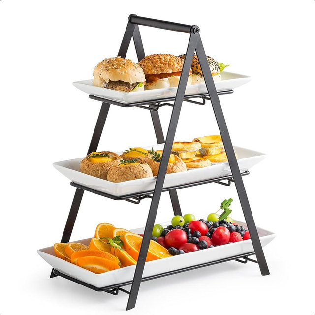 YHOSSEUN 3 Tier Serving Tray Tiered Tray Stand, Ceramic Serving Platters and Trays with Metal Rack, 10+12+14 Inch Large Serving Trays for Party 3 Tier Serving Stand Dessert Display Stand, Black