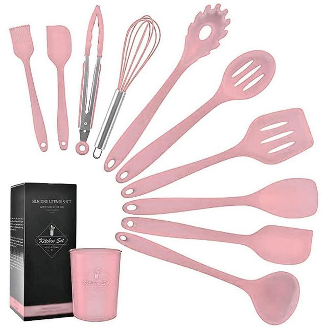 K & G Kitchen Utensils Silicone Heat-Resistant Non-Stick Silicone Cookware 11-piece Pink Spatula Set,Turner, Whisk, Slotted,Spoon, Brush, Spatula, Soup Ladle, Turner, Tongs,Pasta Fork and Holder