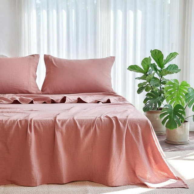 LUTBM Queen Size Bed Set 100% Cotton Bed Sheets Gauze 4 Pcs Mocha Brown Muslin Sheets Set 16" Deep Pocket Sheet & Pillowcase Sets Breathable Boho Soft Queen All Season Bedding Sets