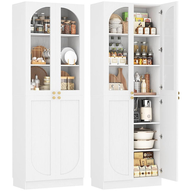 Cyclysio 80" Kitchen Pantry, Tall Arch Storage Cabinet with Tempered Glass & Soft Close Doors, Freestanding Wood Floor Cupboard Bookcase with Seamless Fit Wall for Dining Living Room, Bathroom (White)