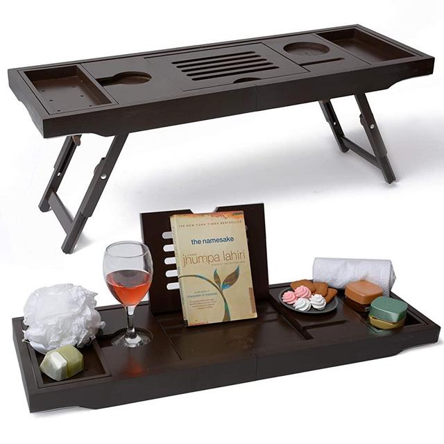 Bathtub Caddy Tray & Laptop Bed Desk – Original Patented 2 In 1 Innovative Design Transforms Our 100% Extra Large Bamboo Bathtub Caddy To Bed Tray – For The Ultimate Pampering Experience(Espresso)
