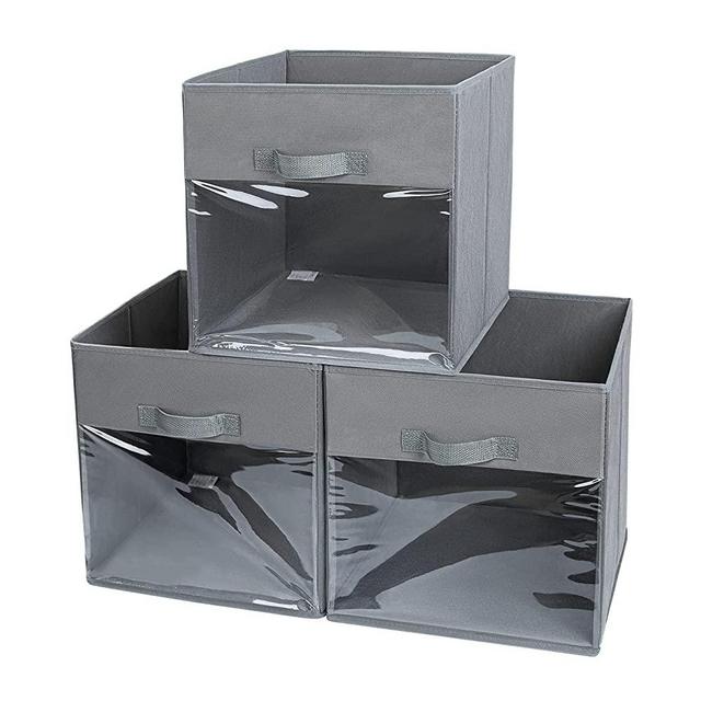 DIMJ Cube Storage Bins, 3 Pack Collapsible Storage Bins 10.7'' Fabric Storage Boxes with Clear Window Storage Shelves with Handle Open Storage Bins Baskets for Cabinet, Wardrobe, Closet, Shelves, Home, Office