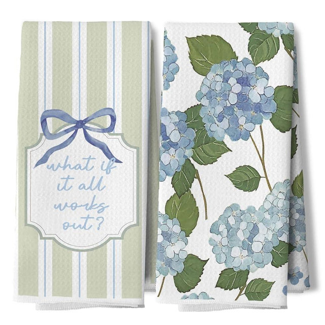 DAYOUER Blue Hydrangea Floral Kitchen Dish Towels, Kids Girls Bathroom Decor, Inspirational Preppy Blue Bow Sage Green Striped Decorative Hand Tea Towels for Bathroom Kitchen, 16x24 Inches Set of 2
