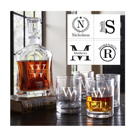 Engraved Decanter and Double Rocks Glasses Set Personalized w/ Name & Initial | DOF Glasses w/ Decanter | Whiskey Decanter Set | Bar Gift