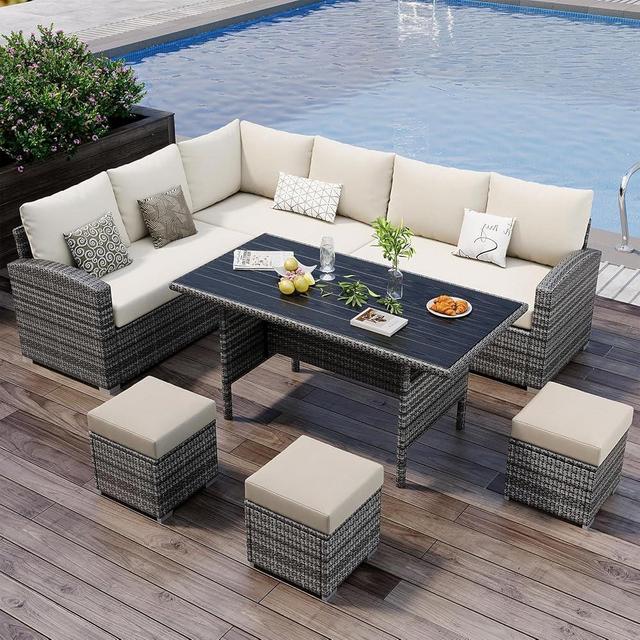 7 Piece Outdoor Patio Furniture Set with Plastic Wooden Table, Patio Rattan Conversationr Sofa Set, All Weather Sectional Rattan Sofa and Chairs, Garden, Porch, Poolside, Grey + Beige