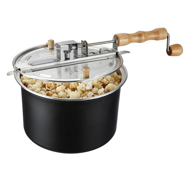 Stovetop Popcorn Maker – 6.5-Quart Popper Pan with Wooden Crank Handle and Internal Kernel Stirrer by Great Northern Popcorn (Black)