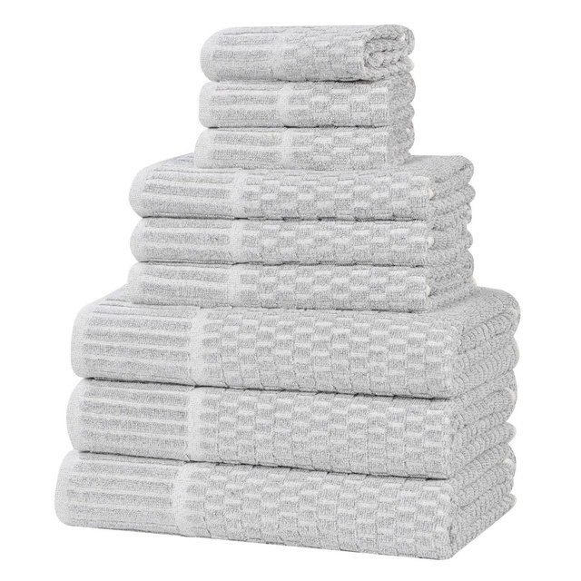 Viscose Cotton Blend Medium Weight Soft Textured Checkered Ribbed Border 9 Piece Towel Set, Platinum - Blue Nile Mills