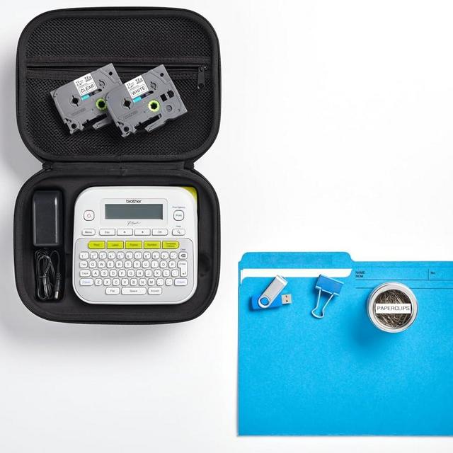 Brother PT-D210SV Label Maker Bonus Bundle Comes with a Protective Carrying case, an Adapter, and Two Sample Genuine TZe Label Tapes for Added Value.