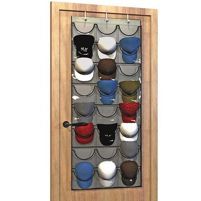 Baseball Hat Rack from Unjumbly, 24 Pocket Over-The-Door Cap Organizer with Clear Deep Pockets to Protect, Store and Display Your Baseball Cap Collection, Complete with Over Door Hooks