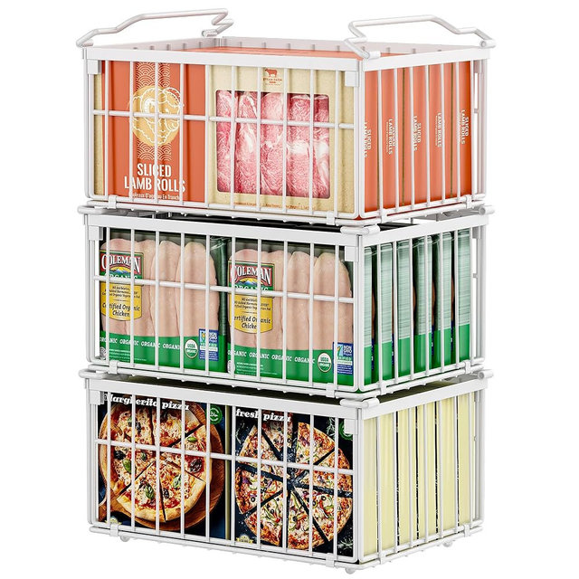 Freezer Organizer Bins, Enlarged Stackable Deep Chest Freezer Organizer Bins, Foldable Baskets with Handles, Storage Container Baskets for 5 to 9 Cu.FT Deep Freezer Sort Frozen Meats (white 3 pack)