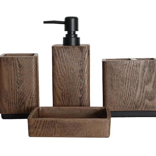 Hymmah Wood Grain Design Bathroom Accessories Set,Farmhouse Bathroom Decor,4 Pcs Resin Gift Set Apartment Necessities, Contain Cotton Swab Jar,Soap Dispenser,Tumbler，Soap Dish/Tray